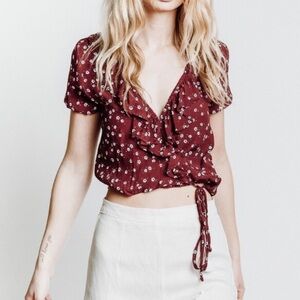 Faithfull the Brand Burgundy Floral Ruffle Tie-Front Crop Top